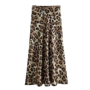 Saias Europeias e American Satin Leopard Print Maxi Skirt Fashion Version