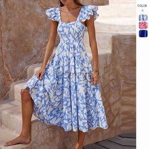 Designerklänning 2024 Summer Women's Floral Print Bohemian Dress Kort ärm Square Neck Long Dress Women Plus Size Dresses