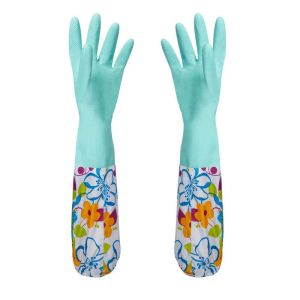 Gloves Flower Rubber Velvet Long Gloves Household Gloves Antiskid Washing Cleaning Gloves Household Dish Kitchen Cleaning Gloves