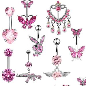 Nose Rings & Studs 1Pcs Romantic Pink Belly Piercing Buckle Umbilical Nail Cat Head Dragonfly Pistol Butterfly Button Jewelry 230325 Dhkp3