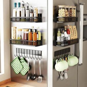 Kitchen Storage Magnetic Rail With 8 Hooks Spices Rack For Refrigerator Home No Hole Hanging Shelf