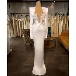 Elegant Evening Women V Neck Long Sleeves Backless Floor Length Formal Dress Appliques Sequins Satin Pearls Prom Dresses Plus Size Tailored Tailor Made 0431