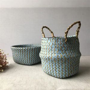 Foldable handmade seaweed flowerpot storage wicker basket Rattan straw home garden wave pattern plant flowerpot laundry basket 240428