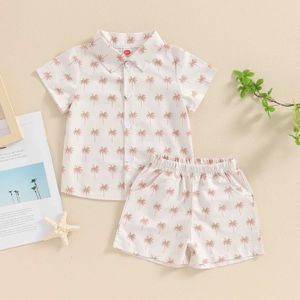 Giyim Setleri Yaz Çocuk Bebek Erkekler Günlük Ağaç Baskı Kısa Kollu Düğme Tişörtleri Elastik Şortlar Set Kıyafetleri H240507