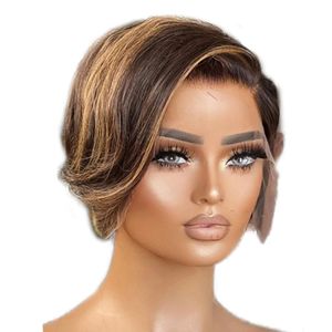 180 HD Highlight Pixie Cut Wig Short Bob Wig Straight Human Hair Wigs for Women Side Part Transparent Lace Wig Natural Pre Plucked