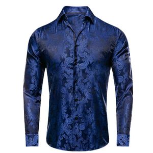 Herrklänningskjortor Hi-Tie Mens Shirts Silk Paisley Navy Blue Pink Black White Green Long Sle Lapel Shirt Casual Formal For Wedding Business D240507