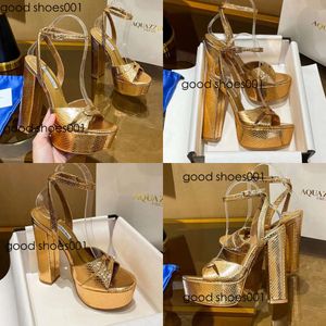 Sandal Aquazzura Sinner Plateau 140mm Altın Kadın Metalik Duygu Platformu Yüksek Topuklu Sandalet Tıknaz Blok Ayak Bileği Kayışı Elbise Tasarımcı Pompaları Orijinal Edition