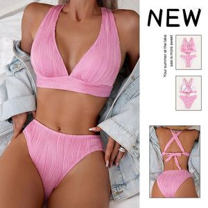 Women's Swimwear Sexy Triangle Bikini Solid Cross V Neck Swimsuit Women Pink Brazilian Cut Out Beach Bathing Suit Black Pleate