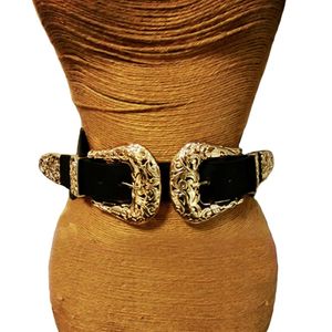 Ny mode kvinnlig vintage strap metall stift spänne läderbälten för kvinnor elastiska sexiga ihåliga ut breda midja bälten 311l