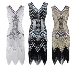 전체 Paillette 스팽글 테셀 드레스 Deep V Neck Vest Dresses Women 1920039s 스타일 플래퍼 빈티지 개츠비 찰스턴 vesti2897327