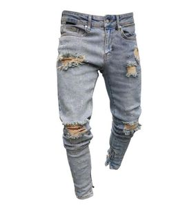 Fashiondenim Blue Ripped Designer Jeans Herrkläder Draperade smala passande hål med dragkedja blyertsbyxor Hombes Pantalones1134146