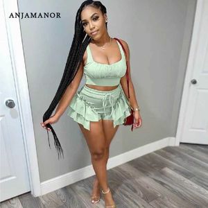 Women's Two Piece Pants ANJAMANOR Sexy Ruffles Shorts and Crop Top Women Summer 2 Piece Sets Fashion Club Vacation Outfits Wholesale Items D74-DZ30 T240507