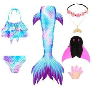Klänningar Simning sjöjungfru svans för flickor barn strandklänning pool simning med monofin hand fin sjöjungfru anime dräkt