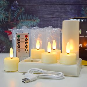 Pacote de 6 velas recarregáveis sem flicker luzes de chá sem flicking timer remoto decoração de decoração de aniversário USB Candle Votiva 240430