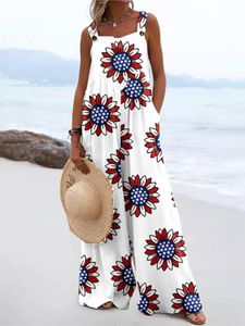 Women Suitsuits Summer Fashion Boho Floral Print Massure Romper Casual Pockets Pants Wide-Leg Pants Female Beach Groving 240429