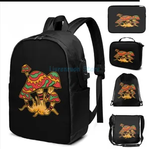 Backpack Funny Graphic Print Mushroom Design USB Charge Men Bags Escola Laptop de Viagem para Mulheres Viagem