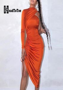 Sexy One Shoulder Drawstring Ruched Bodycon Dress Women Solid Long Sleeve Midcalf Night Club Party Dress C2009194591601