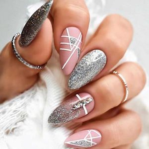 False unhas 24pcs Francês Glitter Linha geométrica strass vestindo False Unh Nail Art Reutilable adesivo Falso unhas Removíveis UNIDAS Médio T240507