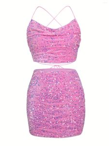 Work Dresses Sequin Decor Two-piece Set Back Cross Sleeveless Crop Cami Top & Bodycon Skirts Outfits Women's Clothing