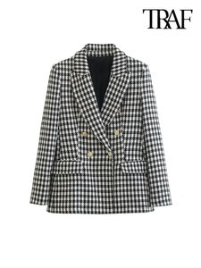 Traf Women Fashion مزدوجة الصدر معطف Houndstooth blazer معطف خمر الأكمام الطويلة رفرف الجيوب الإناث