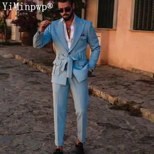 Men's Suits Blazers Mens 2-piece belt lapel party travel set jacket wedding dress formal clothing jacket+pants Q240507