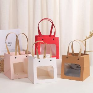 Wrap 10pcs/20pcs Window Gift Bag White Simple Solid Color Kraft Paper Bag Holiday Gift Wrap Smiling Baking Bag Cake Square Bottom Bag