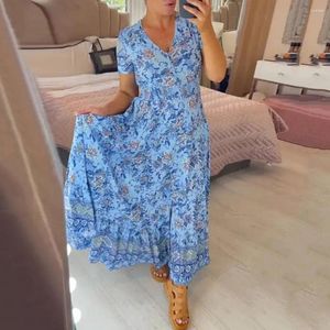 Casual Dresses Floral Printed Dress Kort ärmtryck V Neck Maxi med ruffle Edge High midja A-line silhuett för dejting