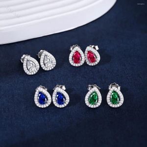 Stud Earrings 925 Sterling Silver Emerald Diamond Luxury Colorful Tear Drop CZ Main Stone 4 6mm Woman