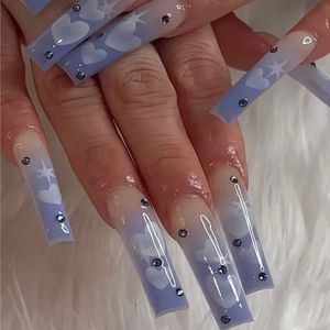 False chiodi Premere su unghie Long Blue Heart Coffin False Nails Star Shiny Pattern Design Ballerina Chiodi finti Manicure Copertina Full Cover Testi T240507