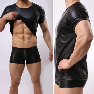 Man Black Pu Leather T-shirts Stage Performance Round Neck Short Sleeve Summer T Shirt For Men Tees Tops Man Clothing 240506