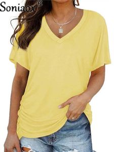 Kvinnors t-shirt 2022 Summer Solid Color T Shirt Women Sexig V Neck Short Sle T-shirt damer Casual Loose Basic Streetwear Tee Tops D240507