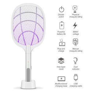 Zappers Electric Bug Zapper Racket Mosquito Killer Fruit Fly Swatter Zap LED Lighting Lamp 3 Layer Safety Mesh Safe to Touch