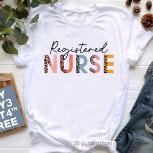 Frauen T-Shirt Region Nurse Prefer Letter Print T Shirt Frauen Leopard Sommer Mode T-Shirt Femme lizenzierte praktische Krankenschwester T-Shirt Fe Tops D240507