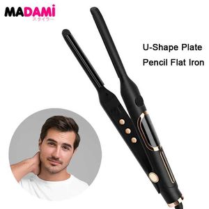 Curling Irons Professional curler 0.4-inch U-shaped plate pencil flat iron for short hair elf cutting beard styling tool double pressure Q240506