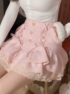 Skirts Japan Kawaii Lolita Mini Womens Winter Lace Casual Elegant Sweet Womens Skiing High Waist Bandage Korean Skiing 2024 New Q240507