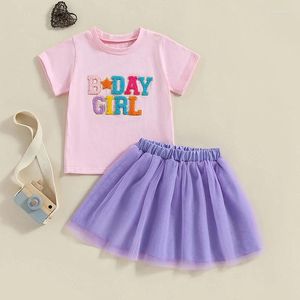 Kleidung Sets Girls Summer Sete Outfits Brief Stickerei Kurzarm Runde Nackenoberteile mit Tulle Mini A-Line-Rock 2 PCs