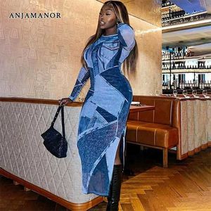 Urban Sexy Dresses ANJAMANOR Denim Print Bodycon Dress for Women 2023 Autum Fashion Shr Mesh Long Slve Slit Midi Dresses Nightclub D85-CZ21 T240507