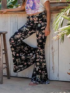 Spodnie damskie Capris Women S Floral Print Druku w wysokim pasie Spodnie szerokie nogi długie spodnie boho wygodne rozciągające bell spodni Y240504