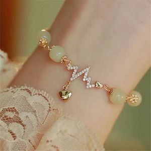 Bangle Adjustable handmade natural Hetian jade bead chain heart-shaped pendant womens Ins niche design jewelry romantic Valentines Day gift Q240506