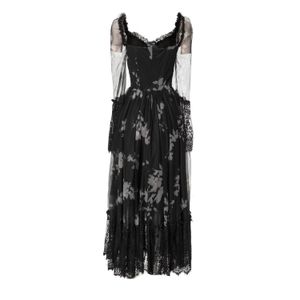 Summer Black Floral Print Paneled Dress Long Sleeve V-hals spets långa maxi casual klänningar A4A291536