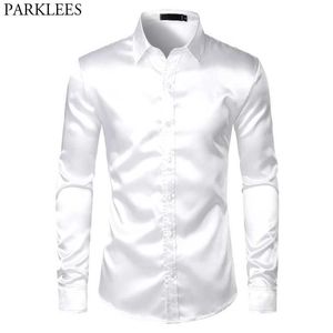 Camisas de vestido masculinas Camisa de cetim de seda branca Men 2023 Marca Longa Camisetas de vestido de casamento