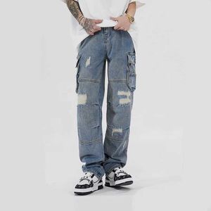 NS 2023 Y2K Streatwear Hole Ruped Bacgy Cargo Jeans Jeans Men Men New Fashion Straight Blue Parked Vintage Denim Blosers Ropa Hombre J240507