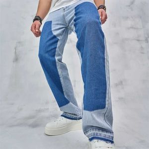 Mäns jeans Strtwear Men mode skarvade baggy raka jeans god kvalitet motorcykel överdimensionerade denim byxor manliga klädbyxor y240507