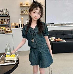 Наборы одежды 2024 Korea Style Girls 2 PCS Джинсовая юбка для рубашки хорошее качество летнее модное костюм 4-12T F632