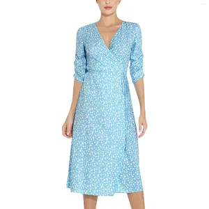 Casual Dresses Women'S Fashion Solid Color V-Neck Vintage Flowers Long Sleeve Dress Party For Women