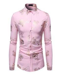 Stylish Rose Blumengolddruck rosa Hemd Männer 2020 Neue Slim Fit Langarm -Herren -Hemd -Hemd -Club -Party Hochzeit Camisa Social LJ22868195