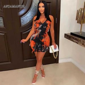 Urban Sexy Dresses ANJAMANOR Tie Dye Fringe Dresses for Women 2023 Fashion V Neck Halter Backless Mini Dress Sexy Night Club Outfits D82-CC19 T240507