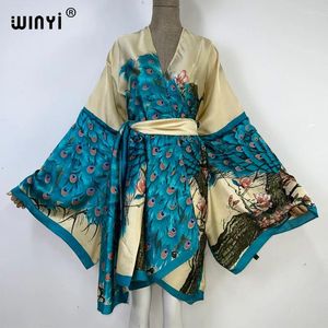 Afrika Yaz Baskı Kadınlar hırka dikişli elbise seksi boho gevşek tatil uzun kollu ipek kimono ile kemer