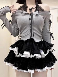 Work Dresses Kawaii Skirt Set Women Japanese Sweet Lolita Dress Sets Slim Lace Off Shoulder Tops Black Velvet Cake Mini 2 Pieces