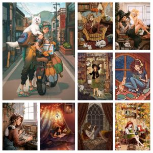 Stitch Modern Vintage Girl Read Diamond Rhinestones Painting Reading Book Witch Cross Stitch Embroidery Picture Mosaic Craft Home Decor